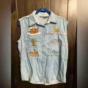 Vintage Denim Animal Embroidered sleeveless shirt Size:XL